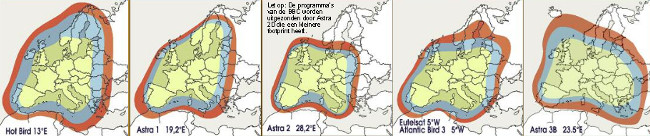 TELECO - footprints satellieten Astra 1, 2 en 3, HotBird en EutelSat